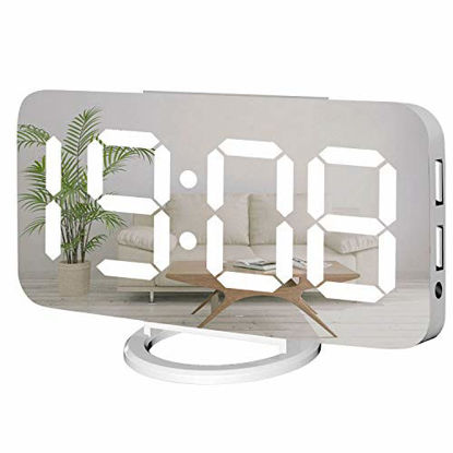 Picture of Miowachi Digital Alarm Clock,Large Mirrored LED Clock,Snooze,Dim Night Light 2 USB Charger Ports Desk Alarm Clocks for Bedroom Decor (White)