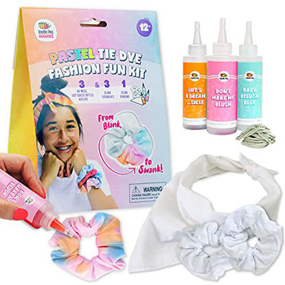 Picture of 3 Pack Scrunchies Tie Dye Kit (Pastel Tye Die Kits) has 3 soft colors in easy-squeeze bottles, 3 blank scrunchies, 1 blank bandana, rubber bands, and dye guide for endless DIY fashion possibilities