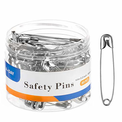 Picture of A+DAY Large Safety Pins 2.2 Inch (56mm), Size 4, 80-Count, Nickel Finish