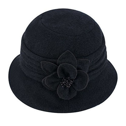 Picture of Womens Gatsby 1920s Winter Wool Cap Beret Beanie Cloche Bucket Hat A299 (Black)