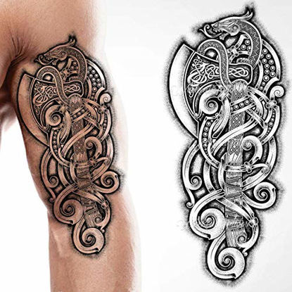Picture of Tatodays Viking celtic nordic tribal axe snake tribal stick on tattoo temporary body art transfer for women and men cosplay halloween adult temp tattoo for arms shoulders chest back legs axe viking tattoo