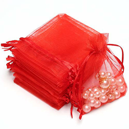 Picture of Akstore 50Pcs 3.15"x4"(8x10cm) Sheer Drawstring Organza Jewelry Pouches Wedding Party Christmas Favor Gift Bags (Red, 3.15x4)