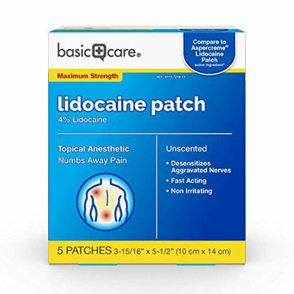 Picture of Amazon Basic Care Lidocaine Patch, 4% Lidocaine, Topical Anesthetic, Desensitizes Aggravated Nerves, 5 Count