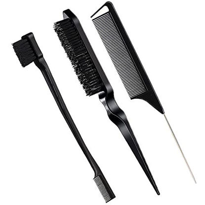 Picture of 3 Pieces Hair Styling Comb Set Teasing Hair Brush Rat Tail Comb Edge Brush for Edge&Back Brushing, Combing, Slicking Hair for Women (Black)