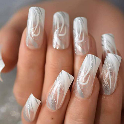 Picture of Square Fake Nails Medium Length Predesigned False Nails Long (Clear white)