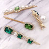 Picture of 4PCS Vintage Green Crystal Pearl Gold Bobby Pins Decorative Hair Slides Clips Accessories Women