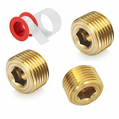 Picture of 1/2" NPT Plug Brass Pipe Fitting Countersunk Thread Internal Hex Head Style Male (1/2 inch NPT Plug, 3)