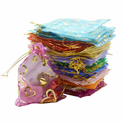 Picture of YYaaloa 100PCS Mini Sheer Heart Mixed Organza Bags, Drawstring Chic Gift Beauty Bags, Wedding Favor Bags Candy Jewelry Gift Bags (Mixed, 3.9x5 inch)