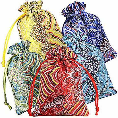 Picture of 10pcs Silk Brocade Jewelry Pouch Bag 4x5.5" for Wedding Party Favors, Drawstring Coin Purse Embroidered Sachet Candy Chocolate Bag for Christmas New Year Birthday Party (Thick)