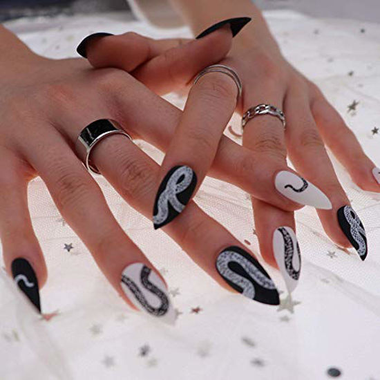 Picture of MISUD 24pcs Matte Fake Nails Medium Almond Acrylic Nails Art Punk False Nails for Party and Home DIY (Black & White)