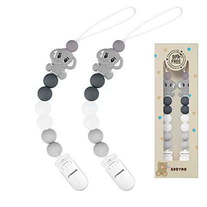 Picture of Addyno Food Grade Silicone Pacifier Clip Teether Teething Pain Relief Toy for Baby Boys or Girls to Birthday Christmas Shower Gift 2 Pack (Gray)
