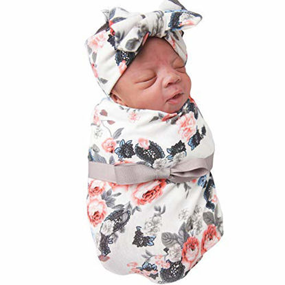 Picture of BQUBO Newborn Baby Receiving Blankets Newborn Baby Floral Swaddling with Headbands or Hats Infant Sleepsack