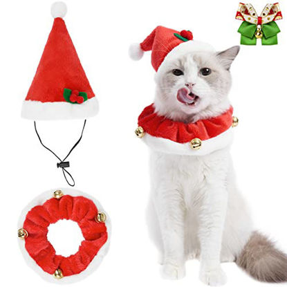 Picture of 3 PCS - EZMeetU Christmas Costume for Cat, Cat Santa Hat with Jingle Bells Collar and Bow Tie, Adjustable Xmas Outfit Clothes for Pet Small Dog Puppy