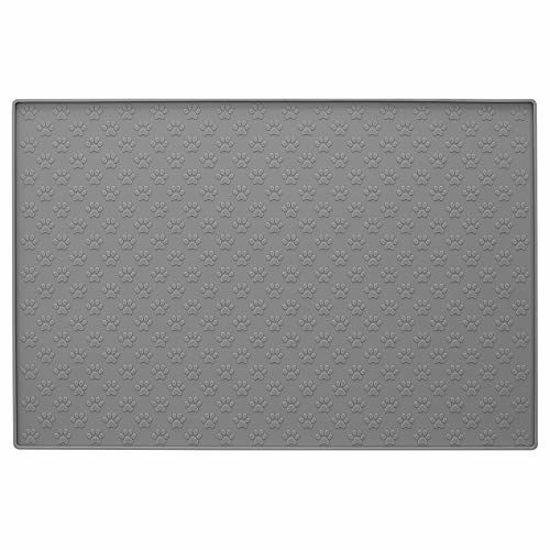 Picture of MIGHTY MONKEY Premium Silicone Pet Feeding Mat, Waterproof Pets Placemat, Raised Edges, Paw Print Patterned Food Tray Mats, Dishwasher Safe, Prevent Food and Water Bowl Spills on Floor, 18x12, Gray