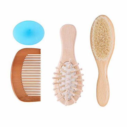 Picture of 4 Piece Baby Hair Brush Set, Natural Soft Goat Bristles, Prevents & Treats Cradle Cap, Wooden Comb, Baby Brush for Massage, Perfect Baby Registry Gift