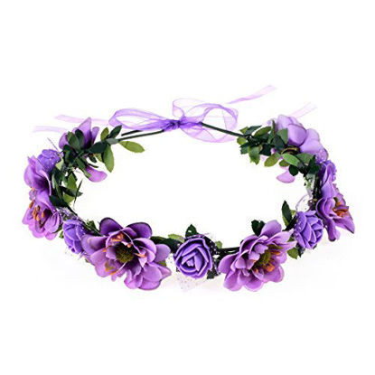 Picture of June Bloomy Rose Flower Leave Crown Bridal Halo Headband with Adjustable Ribbon (Purple)