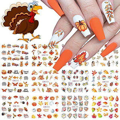Picture of Fall Nail Stickers Autumn Leaves Nail Water Transfer Stickers, Thanksgiving Nail Art Accessories Decals Foils Sliders Yellow Maple Leaf Pumpkin Turkey Design for Women DIY Manicure Decorations 12PCS