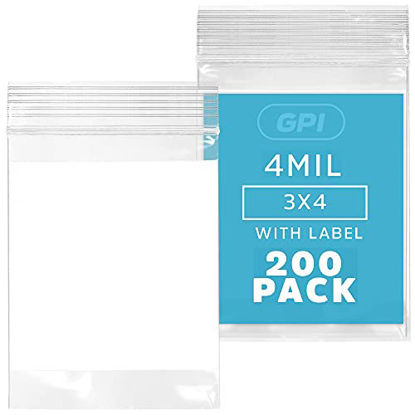 Picture of GPI - 3" x 4" - Bulk Pack of 200, 4 Mil Thick, Heavy Duty, Clear Plastic Reclosable Zip Bags, with Write-on White Block for Labeling, Strong & Durable Poly Baggies with Resealable Zipper Top Lock.