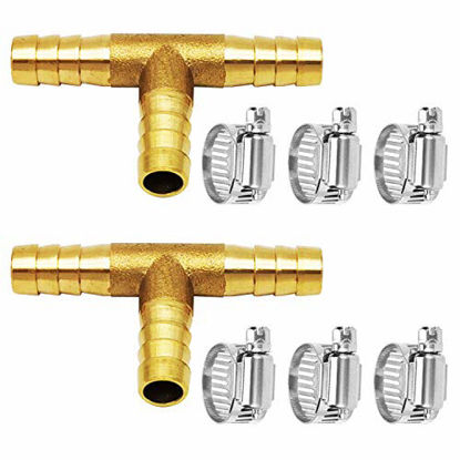 Picture of Da by 2 pcs 5/16"(8mm) Brass Tee Barb Fittings for 3/8" ID Hose,6 pcs Stainless Steel Pipe Clamps,3 Way Union Intersection for Water/Fuel/Air(T)