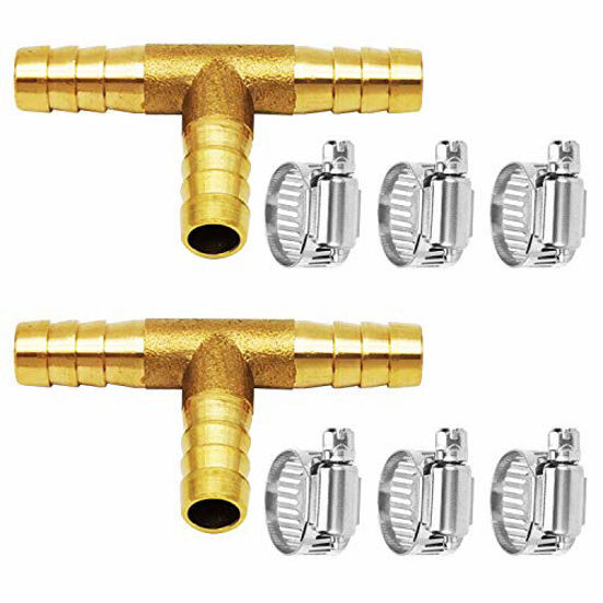 Picture of Da by 2 pcs 5/16"(8mm) Brass Tee Barb Fittings for 3/8" ID Hose,6 pcs Stainless Steel Pipe Clamps,3 Way Union Intersection for Water/Fuel/Air(T)