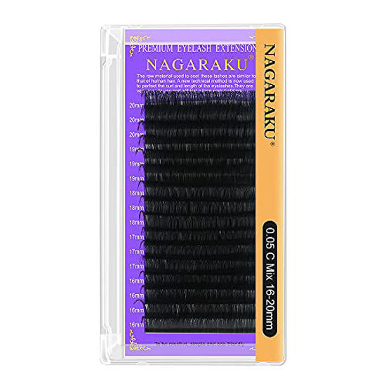 Picture of NAGARAKU Eyelash Extensions 0.05mm C curl 16-20mm Mix Tray Individual Lashes Classic Matte Black 16 Rows Professional Beauty Salon Supplies