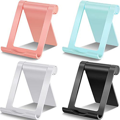 Picture of 4 Pieces Cell Phone Stand Foldable Phone Holder Multi-Angle Universal Mobile Phone Stand Portable Smartphone Dock Compatible with Most Cell Phone and Tablet for Desk (Black, White, Blue, Pink)