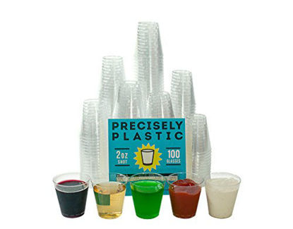 Picture of 100 Shot Glasses Premium 2oz Clear Plastic Disposable Cups, Perfect Container for Jello Shots, Condiments, Tasting, Sauce, Dipping, Samples