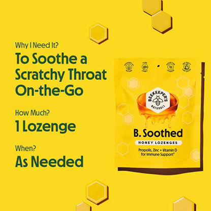 Picture of Beekeepers Naturals B.Soothed Honey Cough Drops - Immune Support with Vitamin D, Zinc and Propolis - Throat Soothing Lozenges, 14 Ct