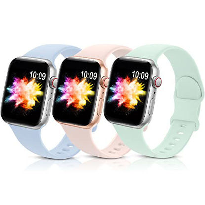 Picture of 3 Pack Bands Compatible with Apple Watch Band 38mm 40mm 41mm 42mm 44mm 45mm, Sport Silicone Wristbands Soft Strap for iWatch Series 7 6 5 4 3 2 1 SE Light Blue Pink Sand Light Green Women 38/40/41mm
