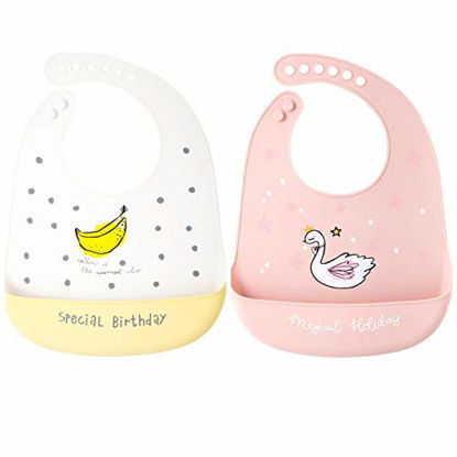 Picture of Xdemeno Silicone Baby Bibs Easily Wipe Clean - Comfortable Soft Waterproof Bib Keeps Stains Off, Food Grade BPA Free, 2pcs (Banana + swan)