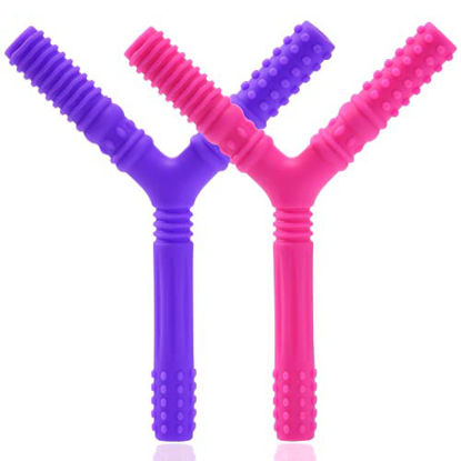Picture of 2 Pack Sensory Chew Hollow Teething Tubes, Y Style Teether Toys for Babies 3+ Months, Silicone Teether Tubes for Autistic Chewers, ADHD, Baby Nursing or Special Needs (Pink, Purple)