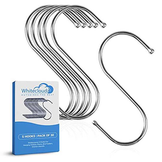 GetUSCart- 30 Pack S Hooks Heavy Duty - Stainless Steel S Hooks for Hanging  Pots and Pans, S Shaped Hooks for Clothes, Plants, Kitchen Utensils, 3.3  inches.