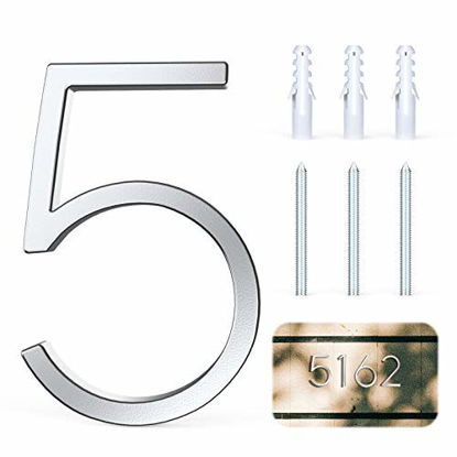 Picture of 5 Inch Silver Floating House Number Zinc Alloy Number Christmas Delicate Modern Number Garden Door Mailbox Decor Number with Nail Kit and Detailed Operation Instruction (Number 5)