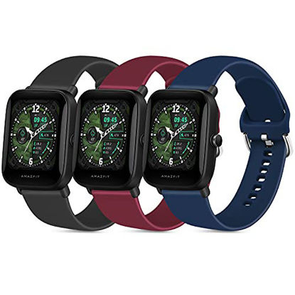 Picture of 3 Pack Silicone Band Compatible with Amazfit GTS/GTS2/GTS 2e/GTS 2 mini, 20mm Quick Release Replacement Straps for Amazfit Bip U Pro/Bip/Bip Lite/Bip S/Bip S lite/Bip U (Black/WineRed/NavyBlue, Large)