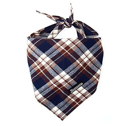 Picture of Adjustable Plaid Dog Bandanas,1PC Soft Washable Cotton Triangle Bib Kerchief Scarfs for Small Medium Large Dogs and Cats (Brown&Blue, Large)