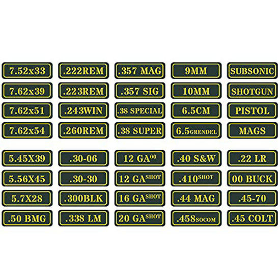 Picture of Ammo Can Vinyl Sticker Set Decal Label .410 .44 .45-70 .22 .223 .308 9MM .380 .45 5.56 7.62 (40 Pack/40 Varieties)Choose Your Version