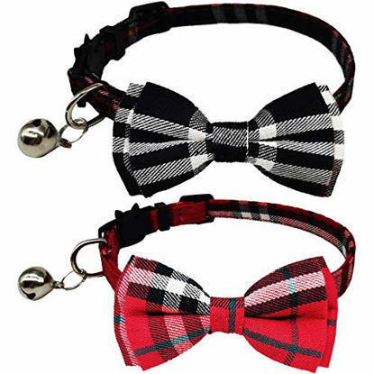 Picture of KUDES 2 Pack/Set Cat Collar Breakaway with Cute Bow Tie and Bell for Kitty and Some Puppies, Adjustable from 7.8-10.5 Inch (Red+Black, Plaid)