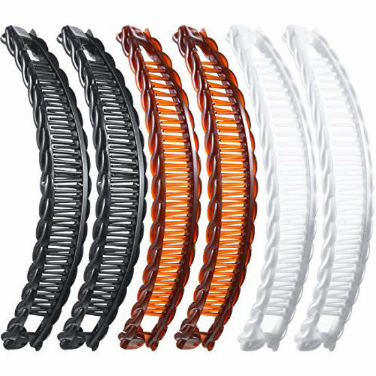 Picture of 6 Pieces Banana Hair Clip Clincher Combs Grip Fishtail Fish Shape Hair Clip Ponytail Banana Clip Clamp Accessory for Girls Women Thick Long Hair (Black, White, Brown)
