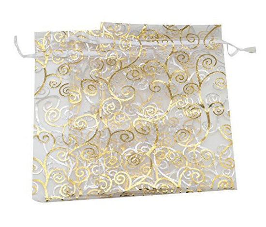 Picture of SUNGULF 50pcs Organza Pouch Bag Drawstring 5"x7" 13x18cm Strong Gift Candy Bag Jewelry Party Wedding Favor (Gold Silver)