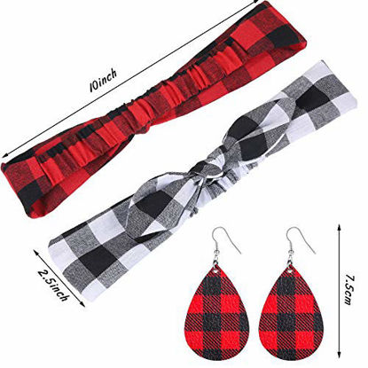 Picture of 2 Pieces Retro Plaid Headbands Christmas Headbands Vintage Check Print Wire Headband Headwrap and 2 Pairs Plaid Faux Leather Earrings for Girls Women