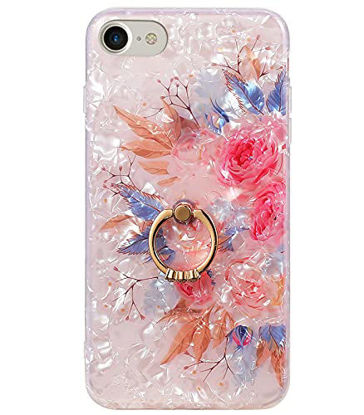 Picture of Qokey Compatible with iPhone SE 2020 Case,iPhone 8 Case,iPhone 7 Case 4.7 inch Flower Cute Fashion Cover for Women Girls 360 Degree Rotating Ring Kickstand Soft TPU Shockproof Cover Pink Flower