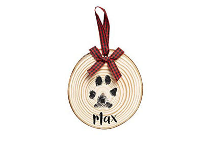 Picture of Pearhead Pet Natural Wood Holiday Christmas Paw Print Tree Ornament, Personalized Pet Keepsake Ornament with Buffalo Check Hanging Ribbon