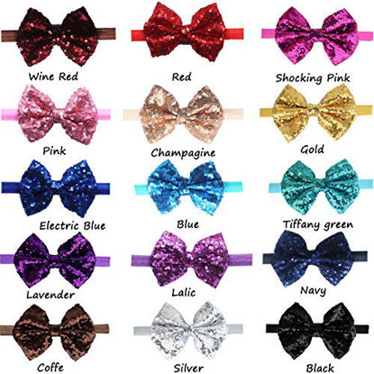 Picture of 15pcs Baby Girl Headbands Sparkly Glitter Sequins 4" Big Hair Bows Ribbon Soft Stretchy Hair Bands for Infant Newborn and Toddlers