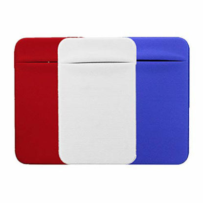 Picture of Kbinter Slim Credit Card Holder for Back of Cell Phone, Stretchy Ultra Lycra 3M Self Adhesive Phone Pocket Stick On Wallet for ID Credit Card Pocket for iPhone Android Galaxy (Red+White+Blue)