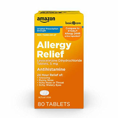 Picture of Amazon Basic Care Levocetirizine Dihydrochloride Tablets, 5 mg, Antihistamine, All Day Allergy Relief, 80 Count