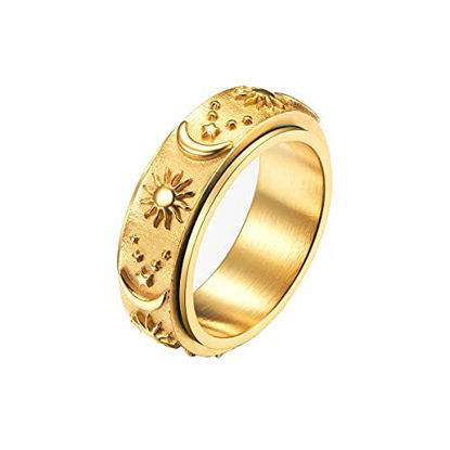 Picture of Nanafast Stainless Steel Spinner Ring for Anxiety Fidget Rings for Relieving Stress Anxiety Ring Sun Moon Stars Promise Engagement Ring Gold 8