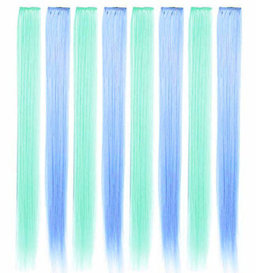 Picture of Rhyme 21" 8 PCS Light Green Sky Blue Hair Ins Colored Clip in Hair Extensions Straight Fashion Hairpieces for Party Highlights Girls Hiar Accessories (Light green,Light blue )