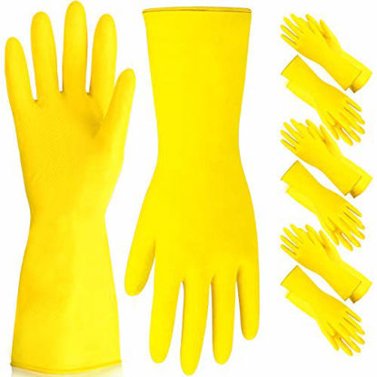 Picture of [6 Pairs] Dishwashing Gloves - 11.5 Inch Medium Rubber Gloves, Yellow Flock Lined Heavy Duty Kitchen Gloves, Long Dish Gloves, Household Cleaning, Gardening, Utility Work Hand Protection