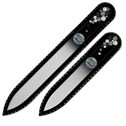 Picture of Mont Bleu Set of 2 Black Glass Nail Files Hand Decorated with crystals - in Black Velvet Sleeve - Gifts for him - Alternative To Metal Nail files Emery Boards & Buffer - Nail supplies