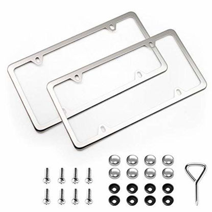 Picture of XCLPF 2 Pcs 4 Holes Stainless Steel Silver License Plate Frame,Car Licenses Plate Covers Holders Frames for Plates with Screw Caps.